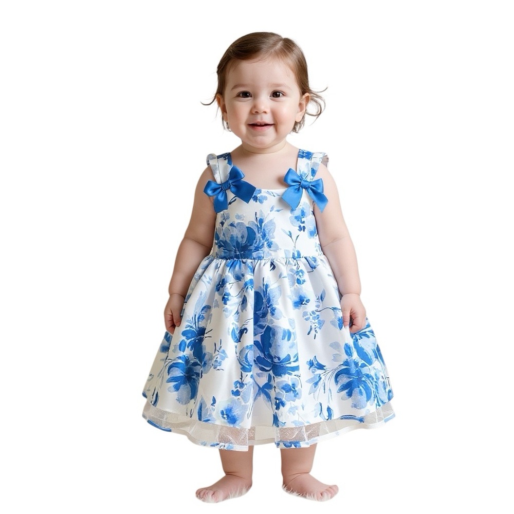 Bonnie Baby Floral Blue and White Dress with Bow Accents and Panties